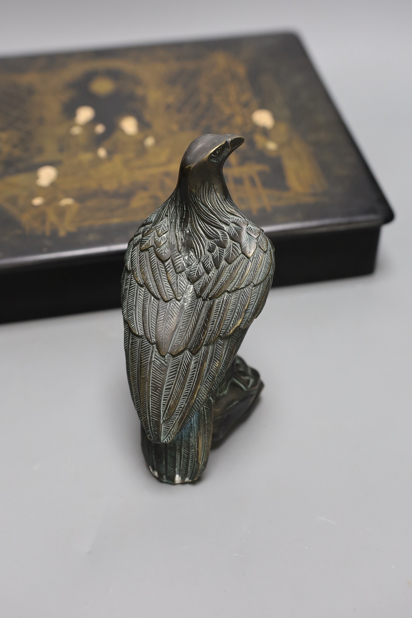 A French papier mache box and bronzed model of an eagle, box 31cms wide x 25 cms high